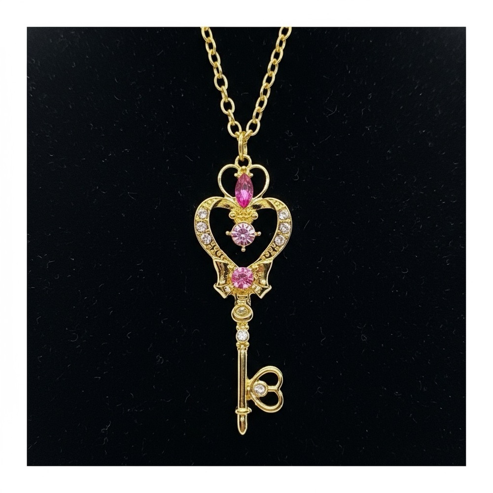 Victorian Style Skeleton Key Gold Pendant Necklece Pink Crystals Anime Manga
